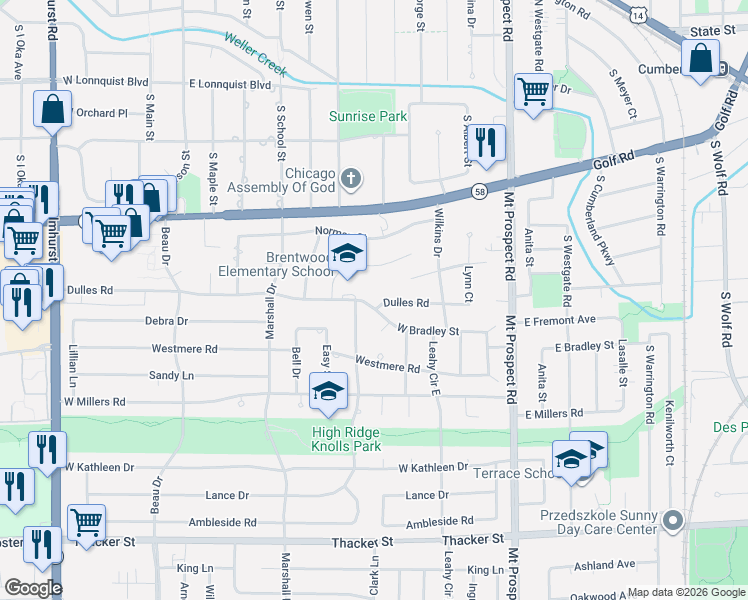 map of restaurants, bars, coffee shops, grocery stores, and more near 246 Dulles Road in Des Plaines