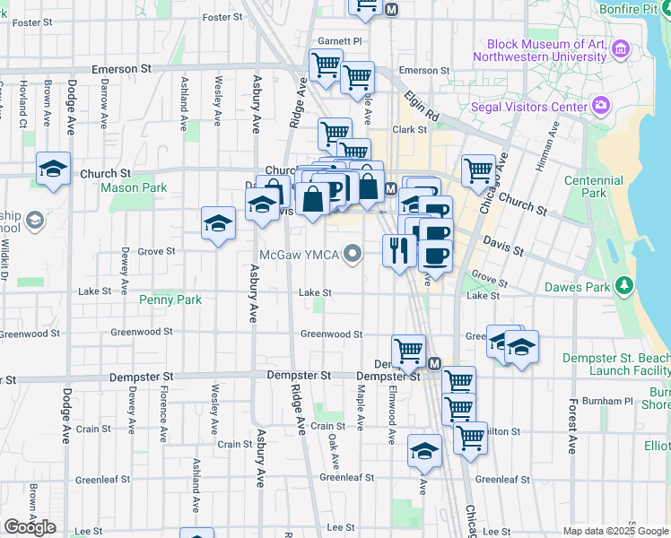 map of restaurants, bars, coffee shops, grocery stores, and more near 1505 Oak Avenue in Evanston
