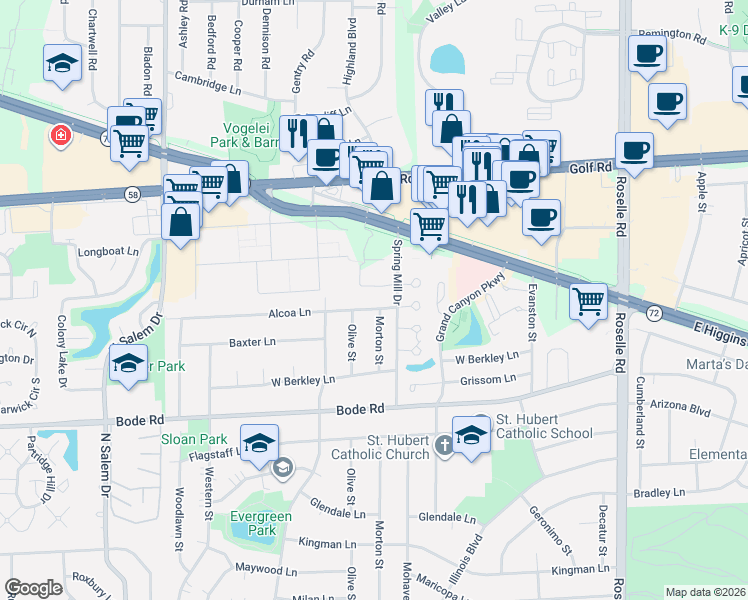 map of restaurants, bars, coffee shops, grocery stores, and more near 430 Alcoa Ln in Hoffman Estates
