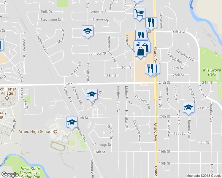 map of restaurants, bars, coffee shops, grocery stores, and more near 1221 McKinley Drive in Ames