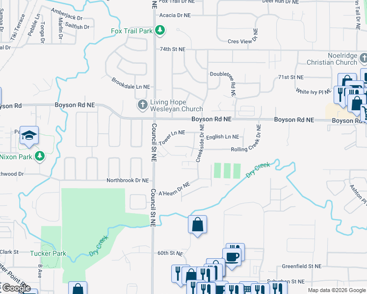 map of restaurants, bars, coffee shops, grocery stores, and more near 1408 Grant Court Northeast in Cedar Rapids