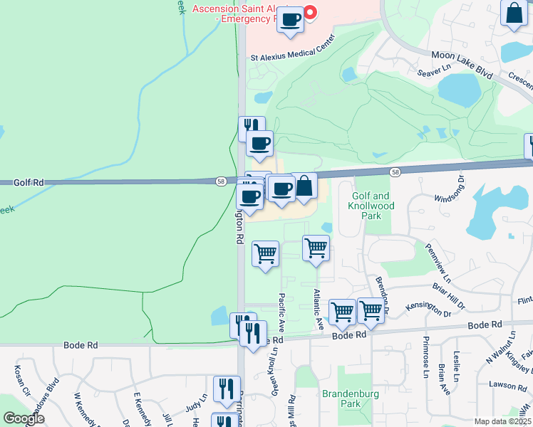 map of restaurants, bars, coffee shops, grocery stores, and more near 2555 West Golf Road in Hoffman Estates