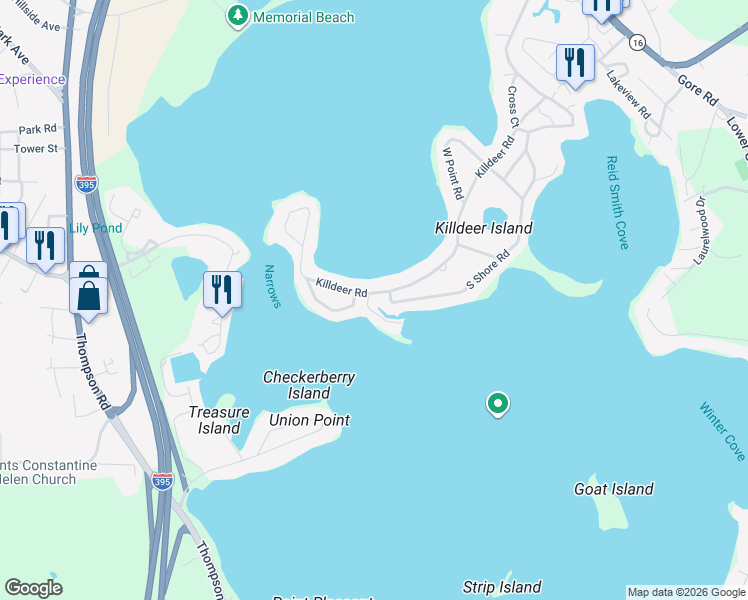 map of restaurants, bars, coffee shops, grocery stores, and more near 225 Killdeer Road in Webster