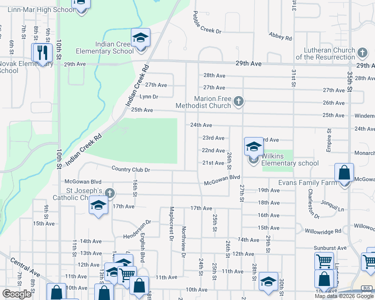 map of restaurants, bars, coffee shops, grocery stores, and more near 2205 Northview Drive in Marion