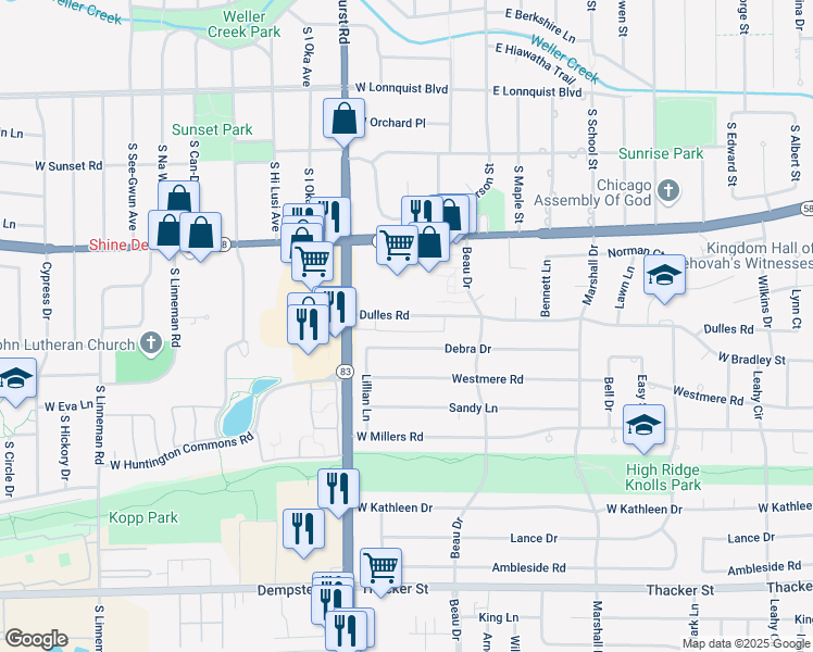 map of restaurants, bars, coffee shops, grocery stores, and more near 745 Dulles Road in Des Plaines