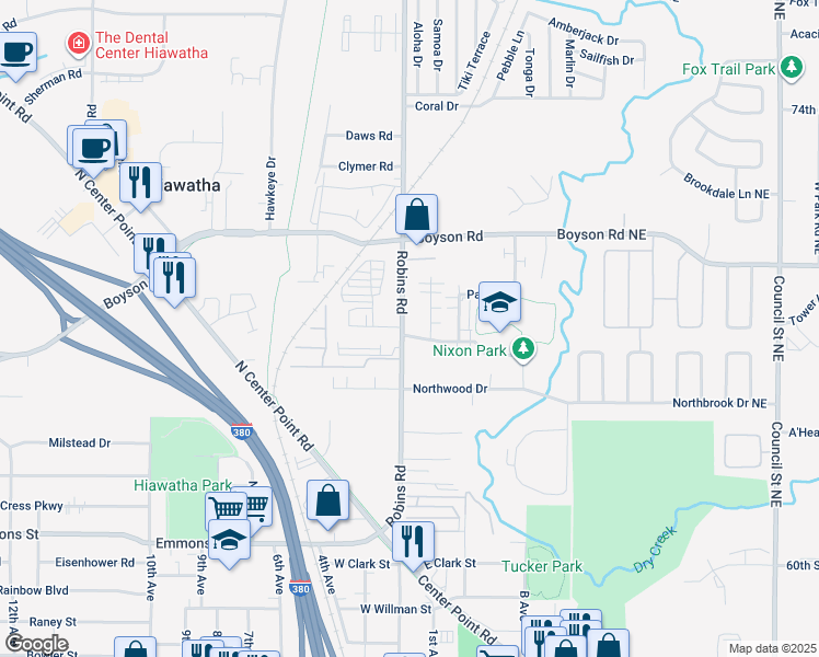 map of restaurants, bars, coffee shops, grocery stores, and more near 705 Robins Road in Hiawatha
