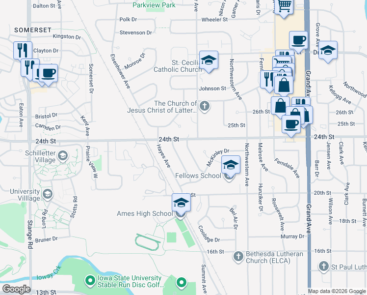map of restaurants, bars, coffee shops, grocery stores, and more near 2313 Van Buren Avenue in Ames