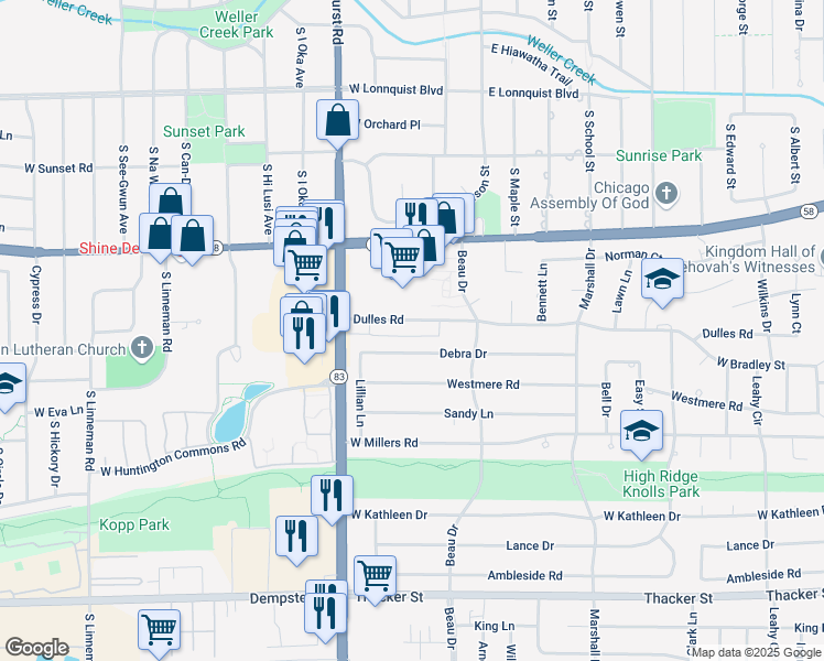 map of restaurants, bars, coffee shops, grocery stores, and more near 711 Dulles Road in Des Plaines