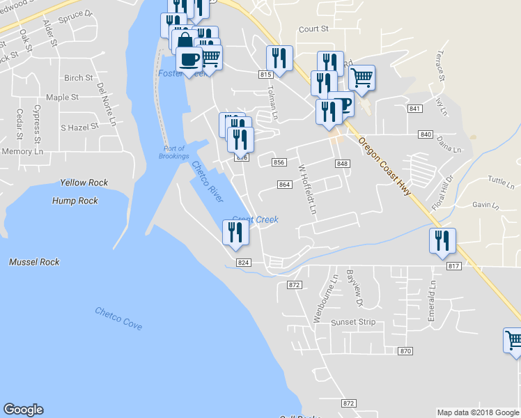map of restaurants, bars, coffee shops, grocery stores, and more near 16123 Lower Harbor Road in Brookings