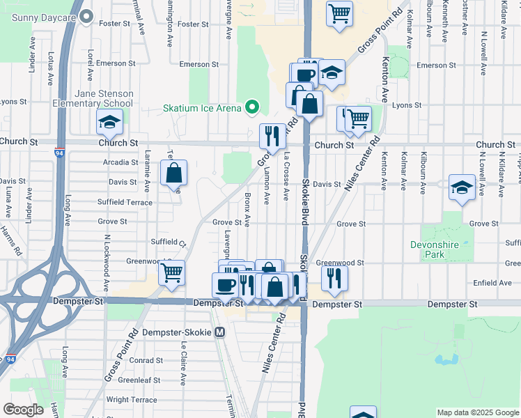 map of restaurants, bars, coffee shops, grocery stores, and more near in Skokie