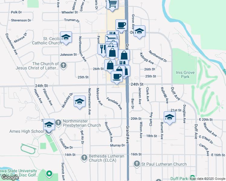 map of restaurants, bars, coffee shops, grocery stores, and more near 903 Furman Drive in Ames