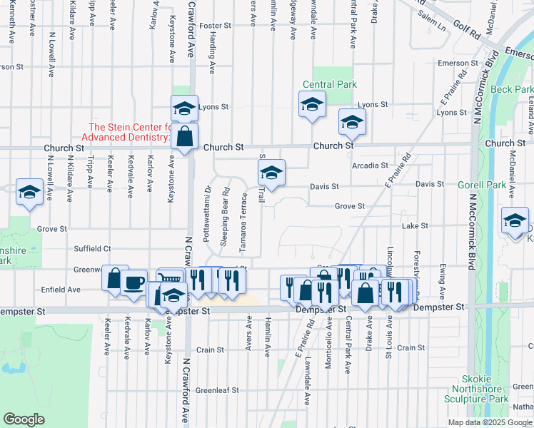 map of restaurants, bars, coffee shops, grocery stores, and more near 9019 Samoset Trail in Skokie
