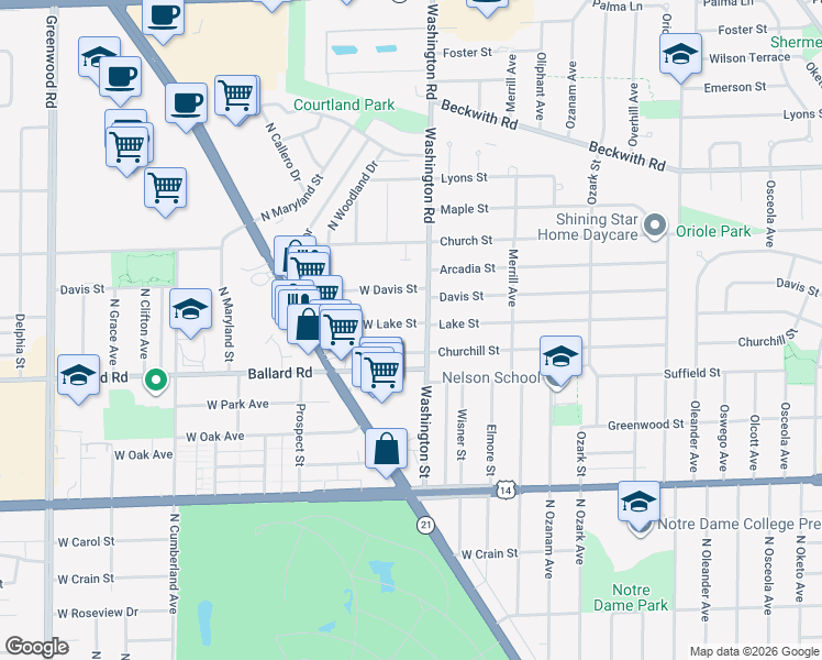 map of restaurants, bars, coffee shops, grocery stores, and more near 8013 West Lake Street in Niles