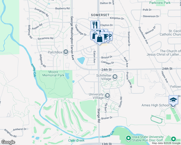 map of restaurants, bars, coffee shops, grocery stores, and more near 2823 Pinehurst Circle in Ames