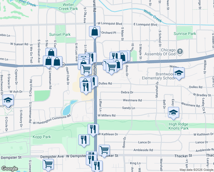 map of restaurants, bars, coffee shops, grocery stores, and more near 745 Dulles Road in Des Plaines