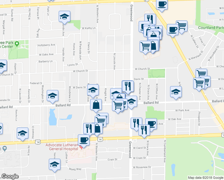 map of restaurants, bars, coffee shops, grocery stores, and more near 9076 Buckingham Park Drive in Des Plaines