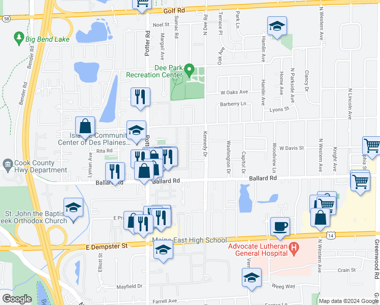 map of restaurants, bars, coffee shops, grocery stores, and more near North Lincoln Drive in Des Plaines