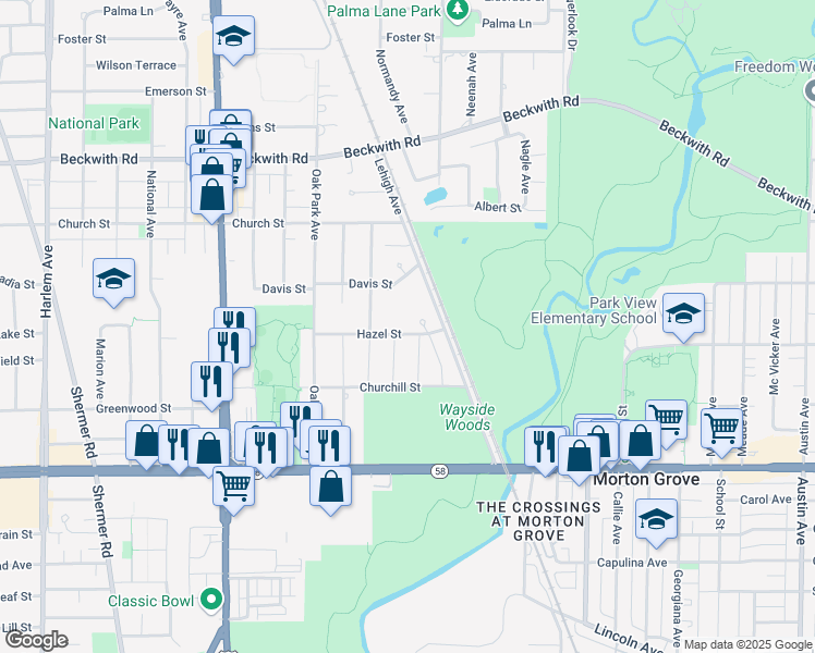 map of restaurants, bars, coffee shops, grocery stores, and more near 6616 Hazel Street in Morton Grove