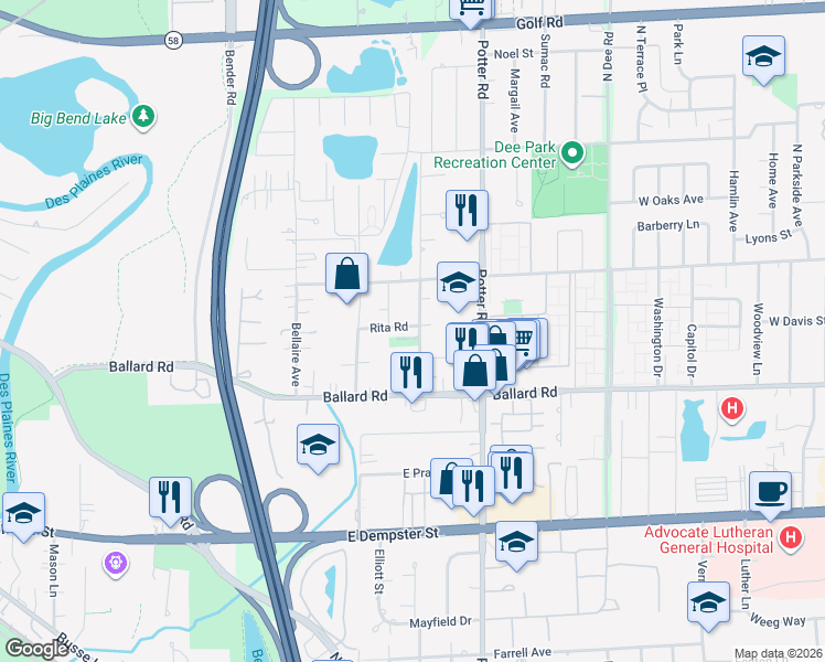 map of restaurants, bars, coffee shops, grocery stores, and more near 488 Rita Road in Des Plaines