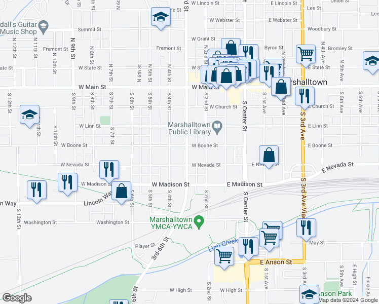 map of restaurants, bars, coffee shops, grocery stores, and more near 304 South 3rd Street in Marshalltown