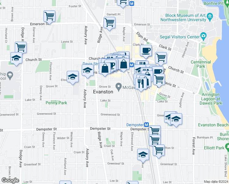 map of restaurants, bars, coffee shops, grocery stores, and more near 1509 Oak Avenue in Evanston