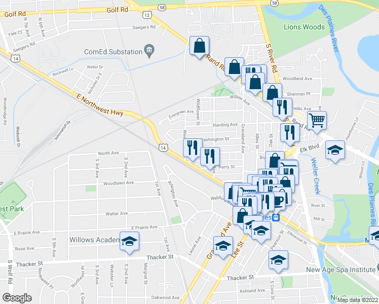 map of restaurants, bars, coffee shops, grocery stores, and more near 1214 Brown Street in Des Plaines