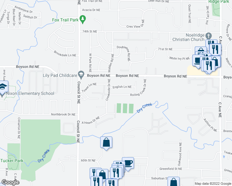 map of restaurants, bars, coffee shops, grocery stores, and more near 1228 Rolling Creek Drive Northeast in Cedar Rapids