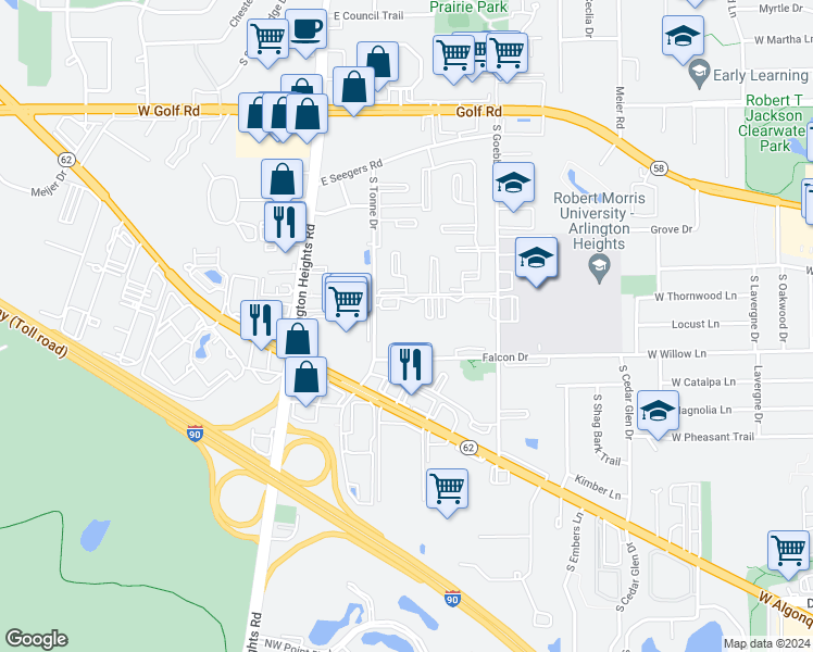 map of restaurants, bars, coffee shops, grocery stores, and more near 2226 South Goebbert Road in Arlington Heights