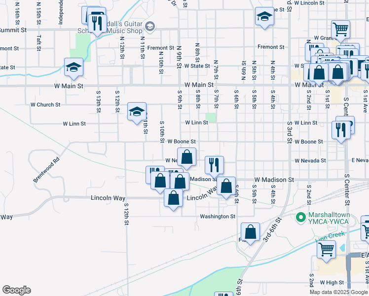 map of restaurants, bars, coffee shops, grocery stores, and more near 806 West Boone Street in Marshalltown