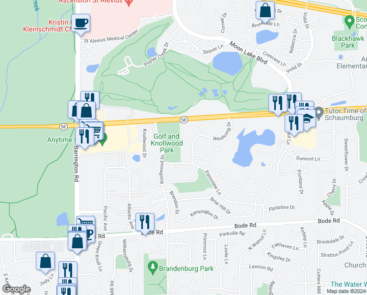 map of restaurants, bars, coffee shops, grocery stores, and more near 2307 Birdsong Court in Schaumburg