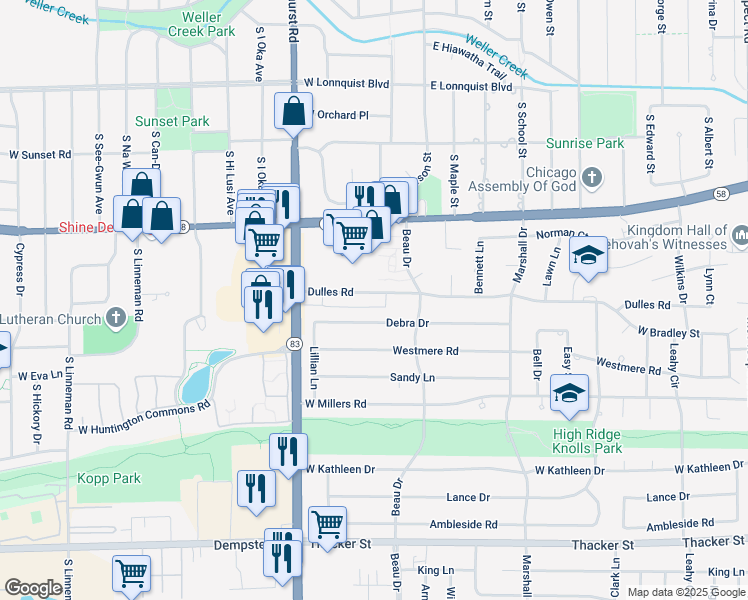 map of restaurants, bars, coffee shops, grocery stores, and more near 711 Dulles Road in Des Plaines