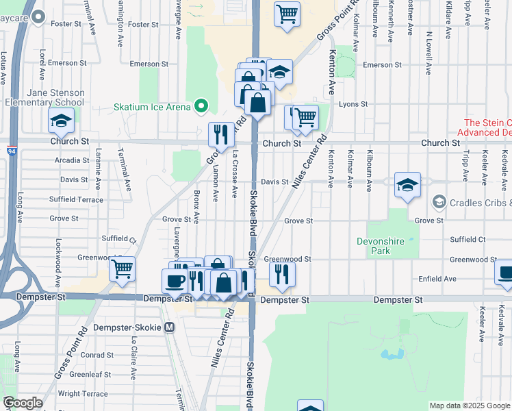 map of restaurants, bars, coffee shops, grocery stores, and more near 9017 Skokie Boulevard in Skokie