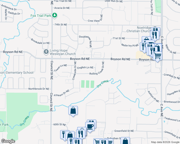 map of restaurants, bars, coffee shops, grocery stores, and more near 1112 Rolling Creek Drive Northeast in Cedar Rapids