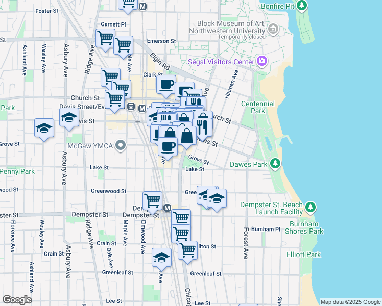 map of restaurants, bars, coffee shops, grocery stores, and more near 525 Grove Street in Evanston