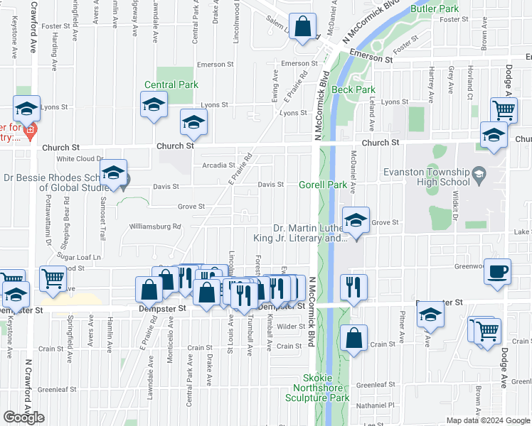map of restaurants, bars, coffee shops, grocery stores, and more near 9020 Forestview Road in Evanston