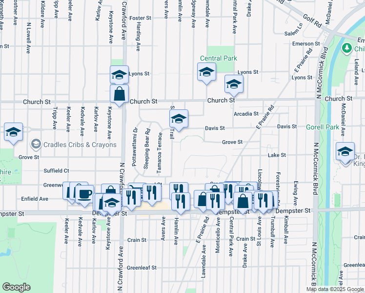 map of restaurants, bars, coffee shops, grocery stores, and more near 9019 Samoset Trail in Skokie