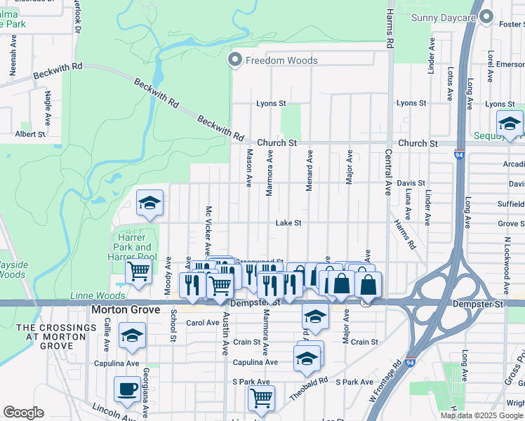 map of restaurants, bars, coffee shops, grocery stores, and more near 9012 Marmora Avenue in Morton Grove