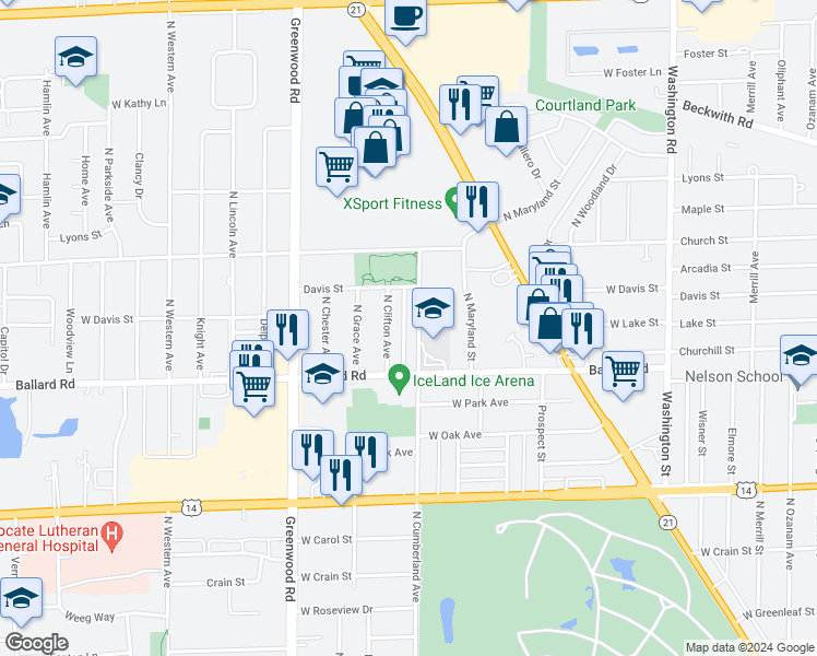 map of restaurants, bars, coffee shops, grocery stores, and more near 9041 North Cumberland Avenue in Niles