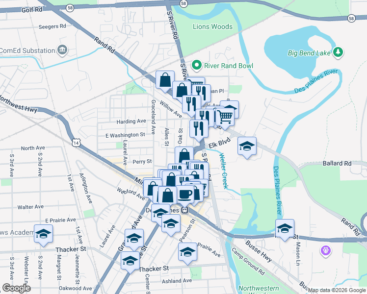 map of restaurants, bars, coffee shops, grocery stores, and more near 465 Oak Street in Des Plaines