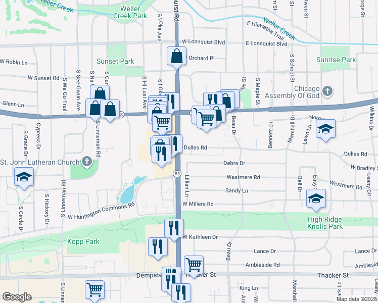 map of restaurants, bars, coffee shops, grocery stores, and more near 793 Dulles Road in Des Plaines