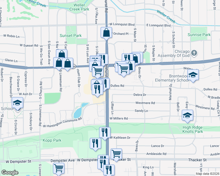 map of restaurants, bars, coffee shops, grocery stores, and more near 793 Dulles Road in Des Plaines