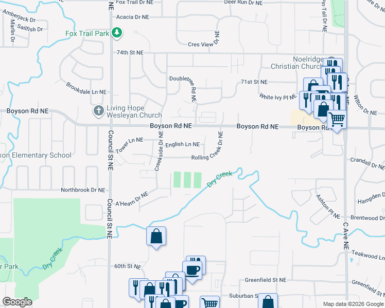 map of restaurants, bars, coffee shops, grocery stores, and more near 1112 Rolling Creek Drive Northeast in Cedar Rapids
