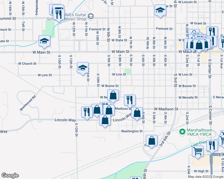 map of restaurants, bars, coffee shops, grocery stores, and more near 806 West Boone Street in Marshalltown