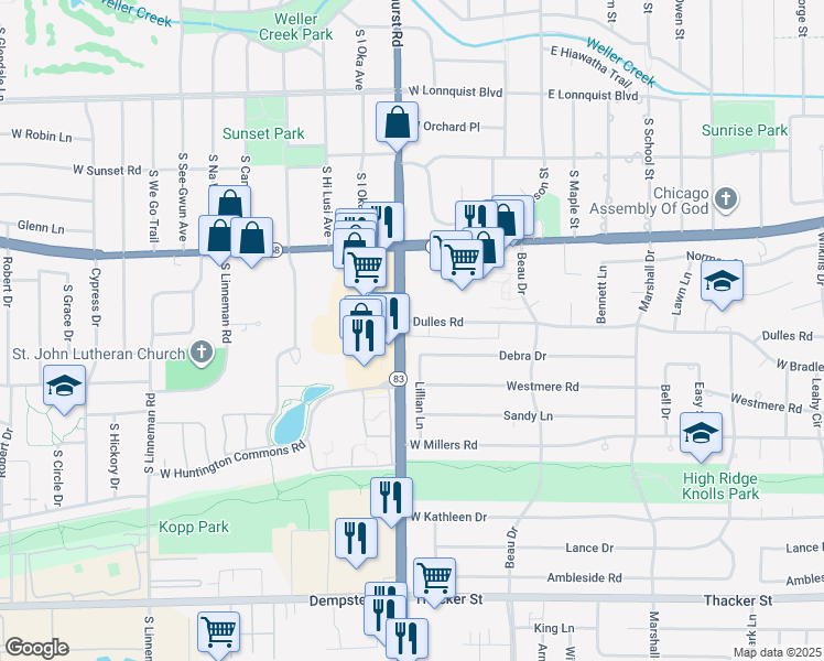 map of restaurants, bars, coffee shops, grocery stores, and more near 793 Dulles Road in Des Plaines
