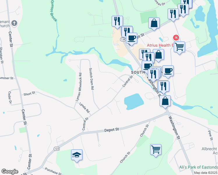 map of restaurants, bars, coffee shops, grocery stores, and more near 10 Beatty Lane in Easton