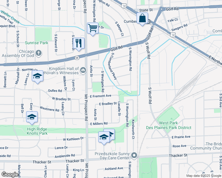 map of restaurants, bars, coffee shops, grocery stores, and more near 237 East Washington Street in Des Plaines