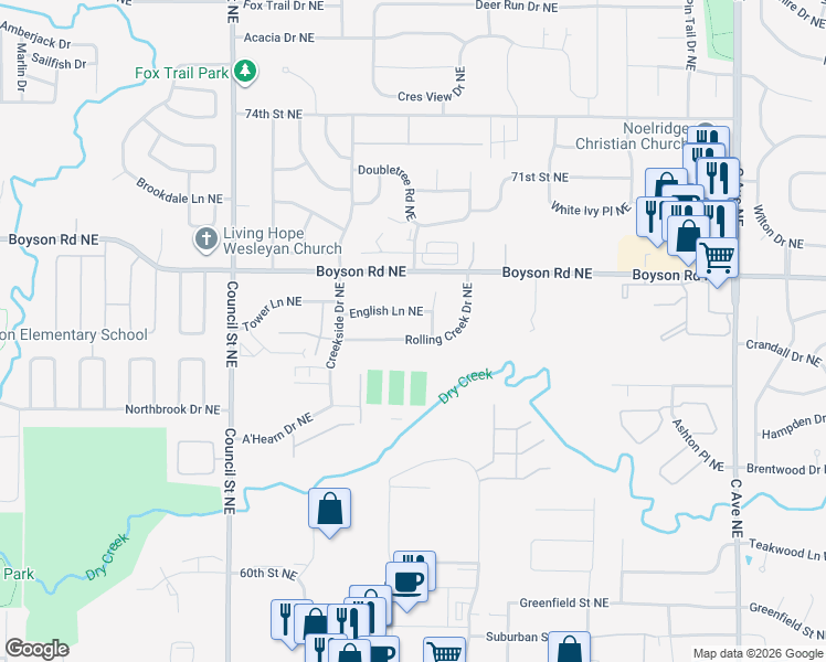 map of restaurants, bars, coffee shops, grocery stores, and more near 1112 Rolling Creek Drive Northeast in Cedar Rapids