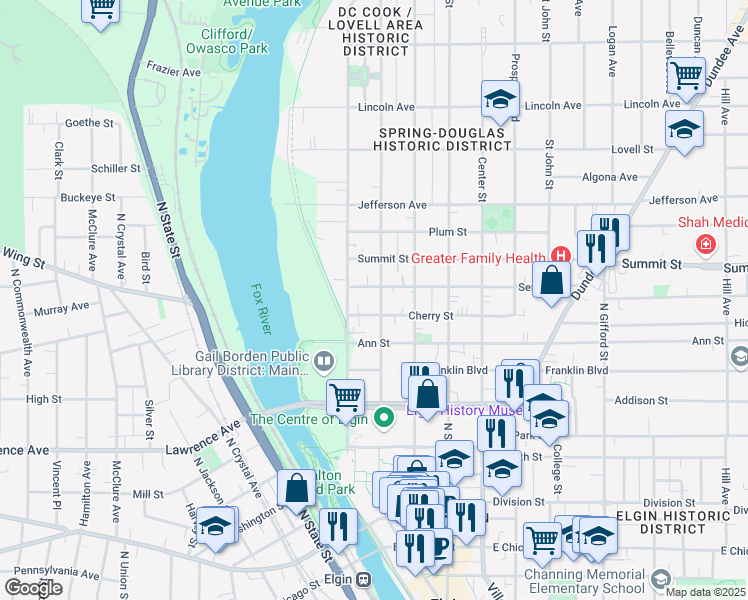 map of restaurants, bars, coffee shops, grocery stores, and more near 408 Brook Street in Elgin