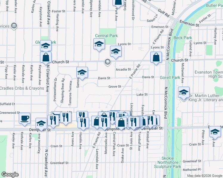 map of restaurants, bars, coffee shops, grocery stores, and more near 3609 Grove Street in Skokie