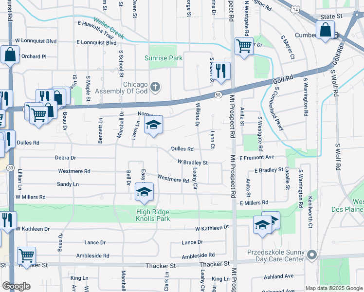 map of restaurants, bars, coffee shops, grocery stores, and more near 200 Dulles Road in Des Plaines